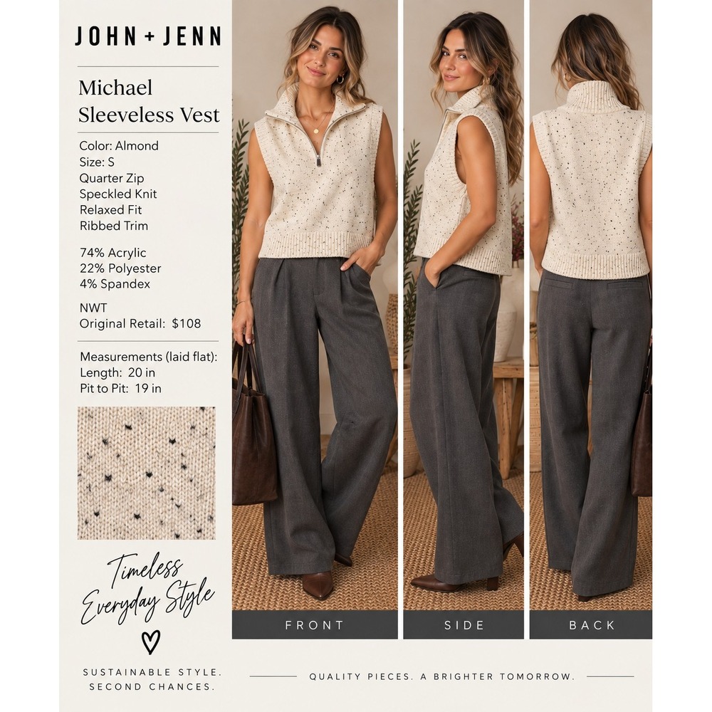 John + Jenn Michael Sweater Vest Women S Almond Quarter Zip NWT $108 EVEREVE